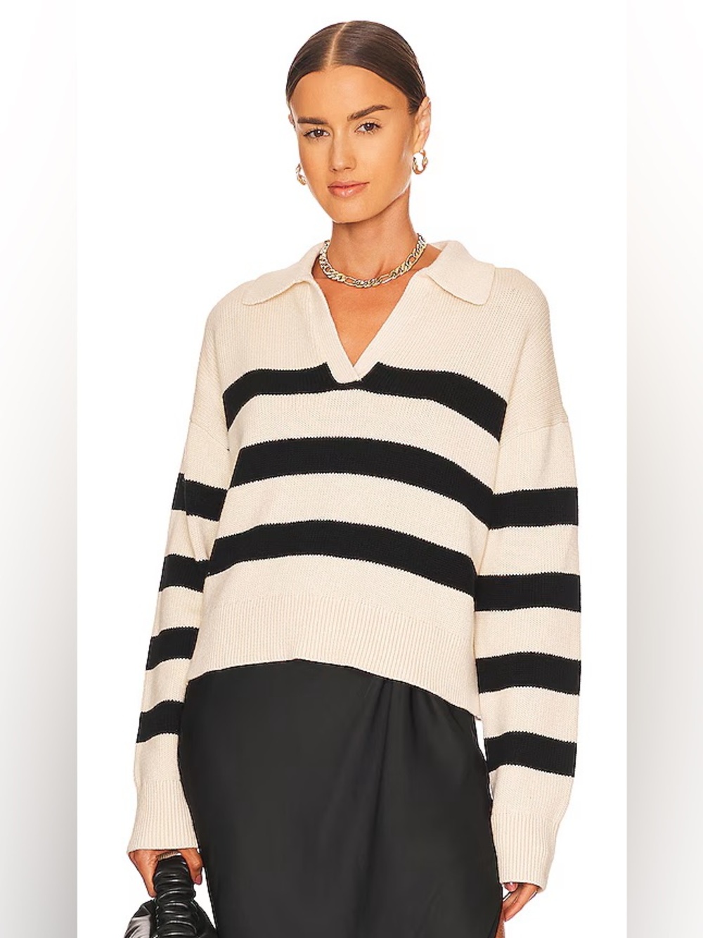 Velvet by Graham & Spencer Lucie Sweater cotton cashmere striped collar v-neck